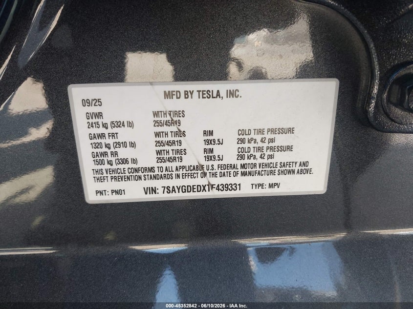 2026 Tesla Model y VIN 7SAYGDEDXTF439331 IAAI salvage auction — FRONT END, Wait Title, sold $18,000 on 2026-07-31 (photo 9)
