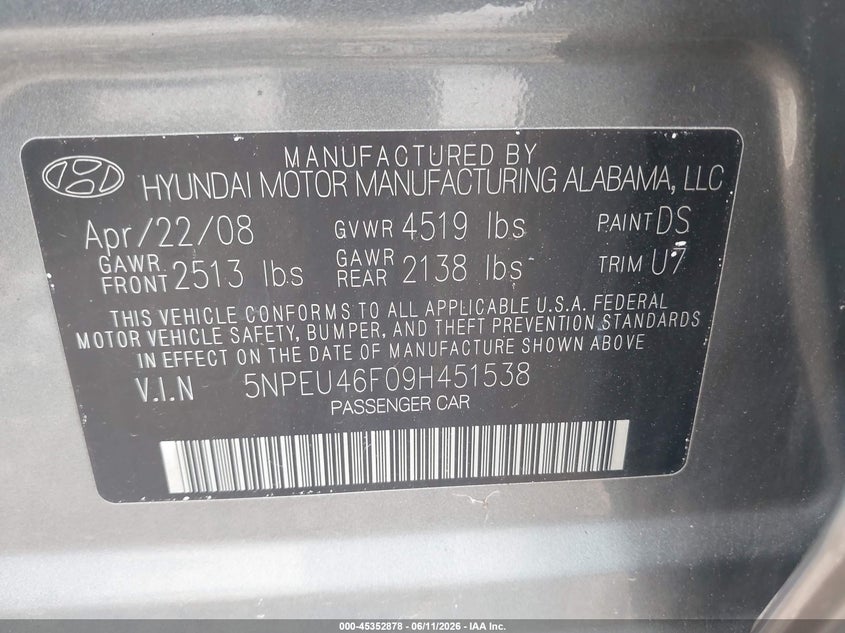 2009 Hyundai Sonata VIN 5NPEU46F09H451538 IAAI salvage auction — FRONT END, Salvage (Illinois), sold $25 on 2026-07-22 (photo 9)