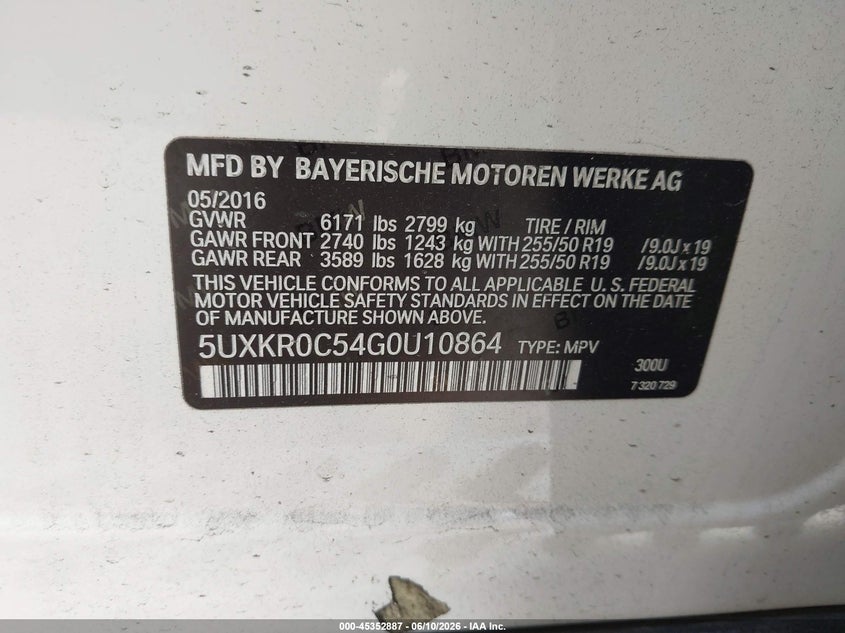 2016 BMW X5 VIN 5UXKR0C54G0U10864 IAAI salvage auction — REAR END, Original (Texas), sold $6,475 on 2026-07-22 (photo 9)