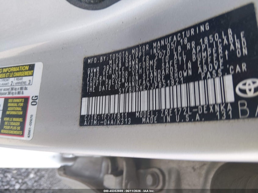 2018 Toyota Corolla VIN 5YFBURHE7JP851821 IAAI salvage auction — NORMAL WEAR, Repossession Paperwork (South Carolina), sold $10,100 on 2026-07-07 (photo 8)