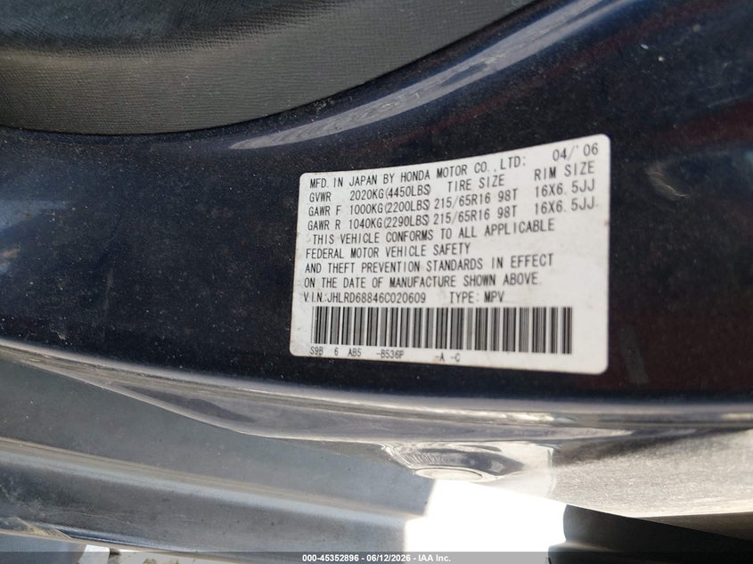2006 Honda Cr-v VIN JHLRD68846C020609 IAAI salvage auction — BIO HAZARD, Salvage (Alabama), sold $225 on 2026-07-09 (photo 9)