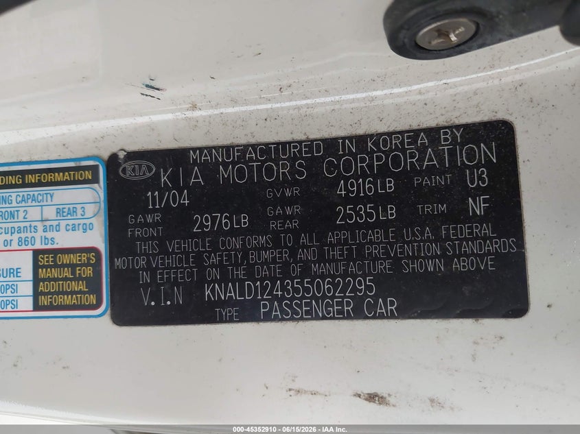2005 Kia Amanti VIN KNALD124355062295 IAAI salvage auction — REAR END, Bill Of Sale (Washington), sold $225 on 2026-07-15 (photo 9)