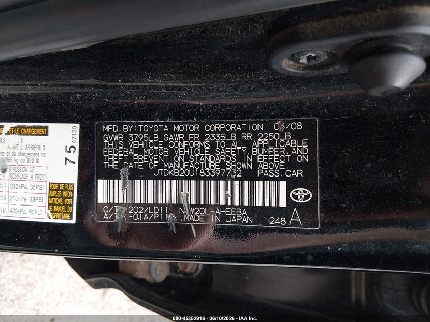 2008 Toyota Prius VIN JTDKB20U183397732 IAAI salvage auction — FRONT & REAR, Salvage (Massachusetts), sold $100 on 2026-07-21 (photo 9)