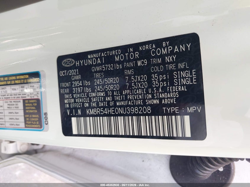 2022 Hyundai Palisade VIN KM8R54HE0NU398208 IAAI salvage auction — FRONT END, Salvage (Tennessee), sold $6,600 on 2026-07-28 (photo 9)
