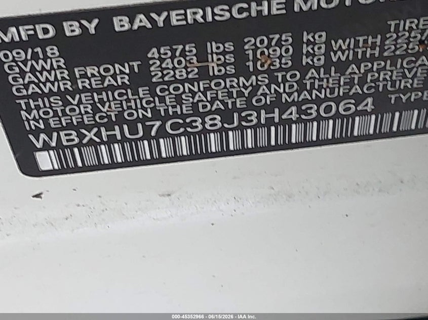 2018 BMW X1 VIN WBXHU7C38J3H43064 IAAI salvage auction — MECHANICAL, Salvage (Texas), sold $3,525 on 2026-07-10 (photo 9)