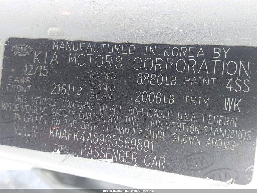 2016 Kia Forte VIN KNAFK4A69G5569891 IAAI salvage auction — UNKNOWN, Rebuildable (Florida), sold $200 on 2026-07-07 (photo 9)
