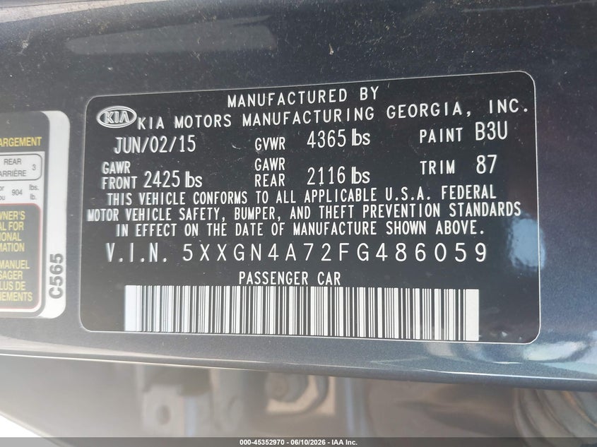 2015 Kia Optima VIN 5XXGN4A72FG486059 IAAI salvage auction — NORMAL WEAR, Clear (Tennessee), sold $725 on 2026-07-15 (photo 9)