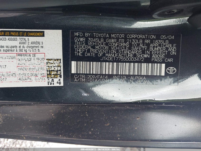 2005 Scion Tc VIN JTKDE177550003472 IAAI salvage auction — REAR END, Clear (Georgia), sold $450 on 2026-07-10 (photo 9)