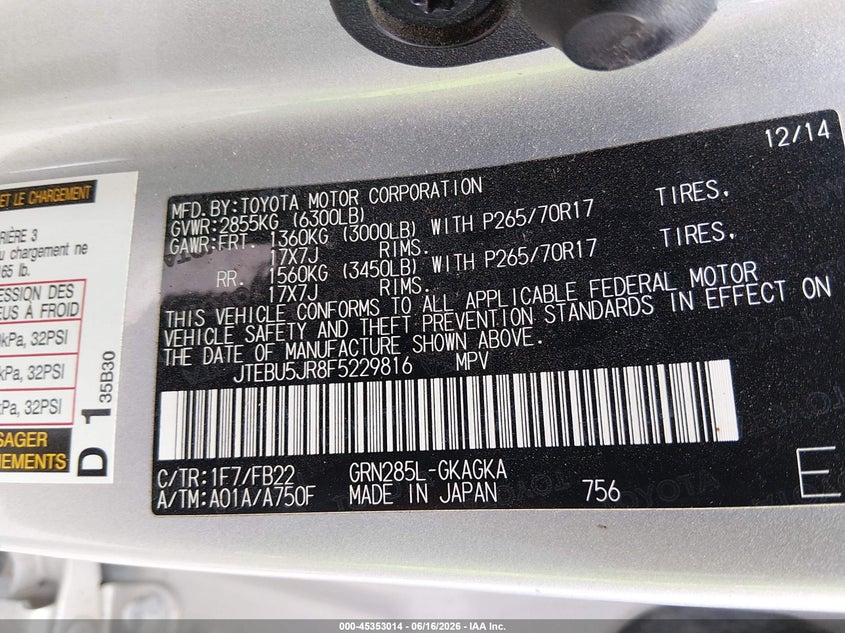 2015 Toyota 4runner VIN JTEBU5JR8F5229816 IAAI salvage auction — FRONT END, Salvage (Virginia), sold $7,550 on 2026-07-10 (photo 9)
