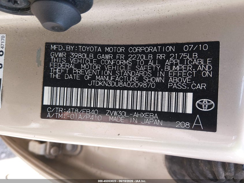2010 Toyota Prius VIN JTDKN3DU8A0209870 IAAI salvage auction — FRONT END, Repossession Paperwork (Georgia), sold $950 on 2026-07-17 (photo 9)