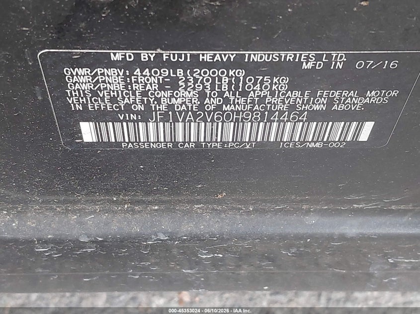 2017 Subaru Wrx sti VIN JF1VA2V60H9814464 IAAI salvage auction — LEFT SIDE, Clear (Washington), sold $7,700 on 2026-07-21 (photo 9)