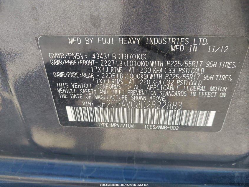 2013 Subaru Xv VIN JF2GPAVC8D2822883 IAAI salvage auction — FRONT END, Mv-907A (New York), sold $200 on 2026-07-07 (photo 9)