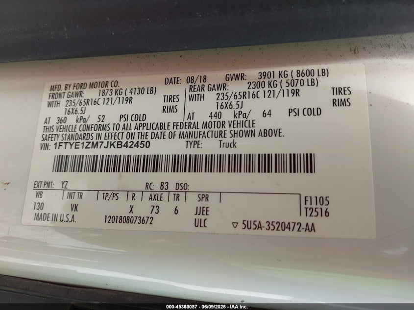 2018 Ford VIN 1FTYE1ZM7JKB42450 IAAI salvage auction — NORMAL WEAR, Sf97 (Florida), sold $13,800 on 2026-08-27 (photo 9)