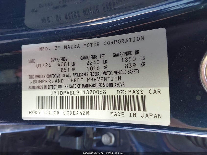 2026 Mazda 3 VIN JM1BPABL9T1870068 IAAI salvage auction — FRONT END, Salvage Title, sold $3,900 on 2026-08-27 (photo 9)