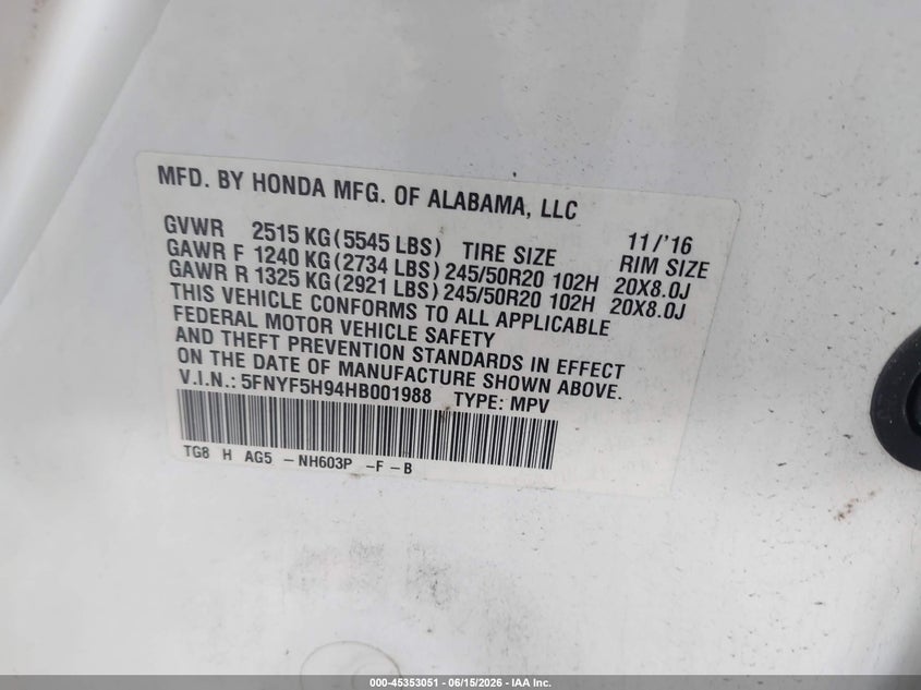 2017 Honda Pilot VIN 5FNYF5H94HB001988 IAAI salvage auction — REAR END, Salvage Title, sold $25 on 2026-07-23 (photo 9)