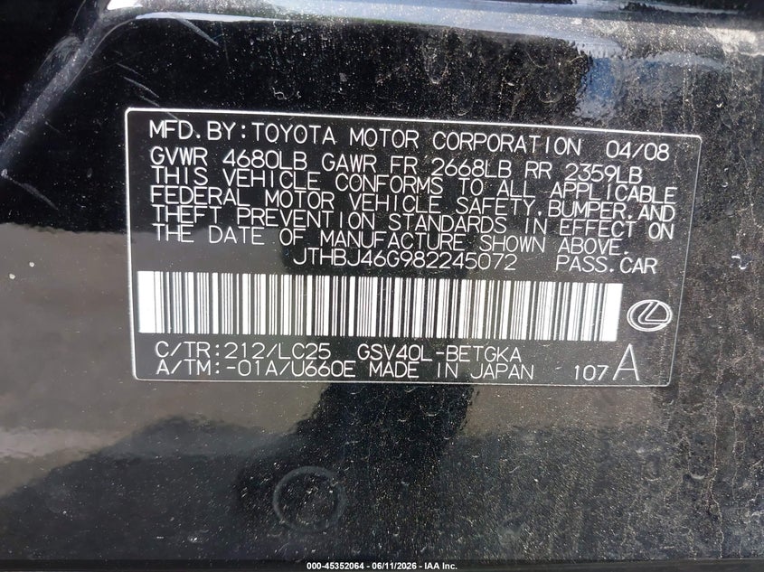 2008 Lexus Es 350 VIN JTHBJ46G982245072 IAAI salvage auction — REAR END, Salvage (New Jersey), sold $50 on 2026-07-31 (photo 9)