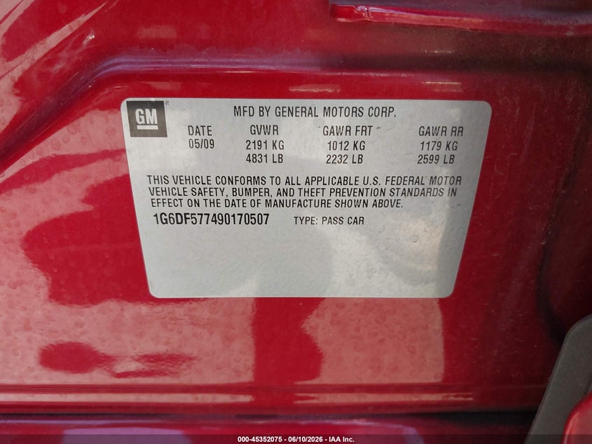 2009 Cadillac Cts VIN 1G6DF577490170507 IAAI salvage auction — UNKNOWN, Salvage (California), sold $575 on 2026-07-09 (photo 9)