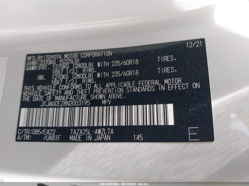 2022 Lexus Nx VIN JTJAGCEZ8N2003195 IAAI salvage auction — SIDE, Salvage (Massachusetts), sold $15,500 on 2026-07-17 (photo 9)