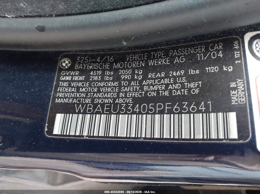 2005 BMW 3 series VIN WBAEU33405PF63641 IAAI salvage auction — FRONT END, Salvage (New Jersey), sold $400 on 2026-07-15 (photo 9)