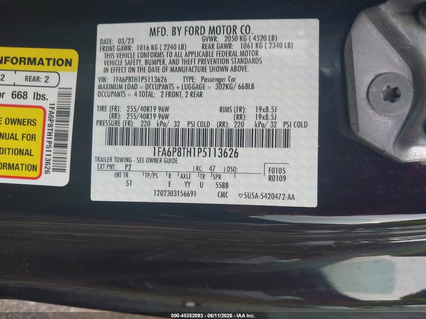 2023 Ford Mustang VIN 1FA6P8TH1P5113626 IAAI salvage auction — FRONT END, Salvage (Indiana), sold $7,100 on 2026-07-10 (photo 9)