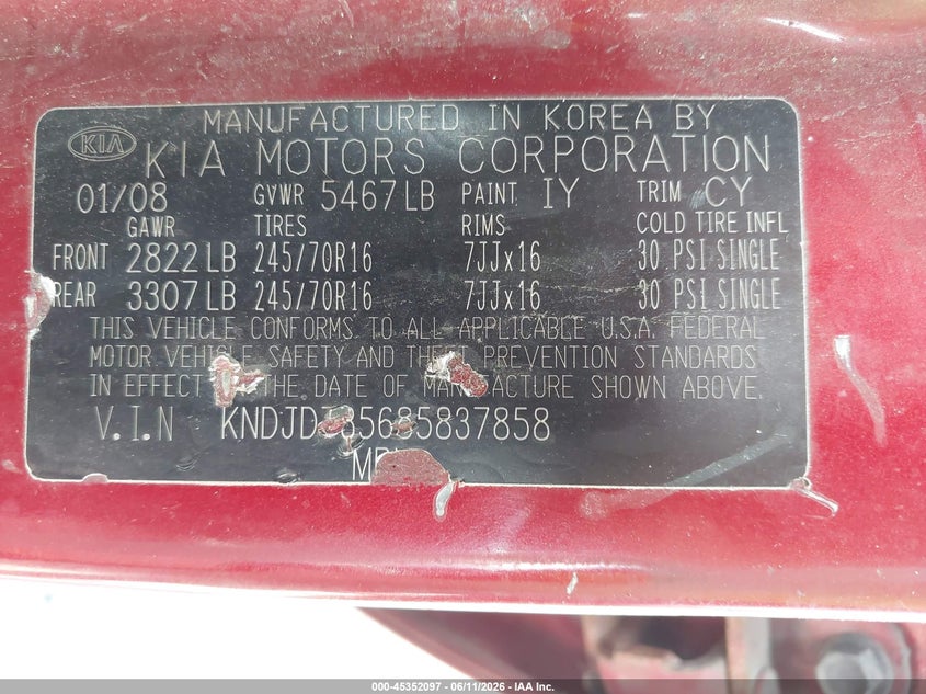 2008 Kia Sorento VIN KNDJD735685837858 IAAI salvage auction — LEFT SIDE, Salvage (Ohio), sold $225 on 2026-07-06 (photo 9)