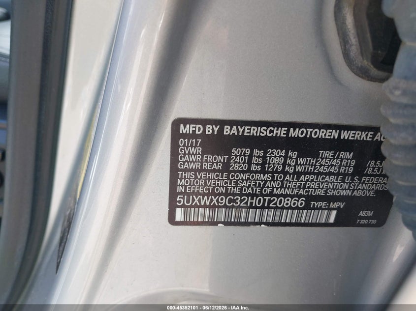 2017 BMW X3 VIN 5UXWX9C32H0T20866 IAAI salvage auction — RIGHT FRONT, Salvage (Massachusetts), sold $2,500 on 2026-07-08 (photo 9)
