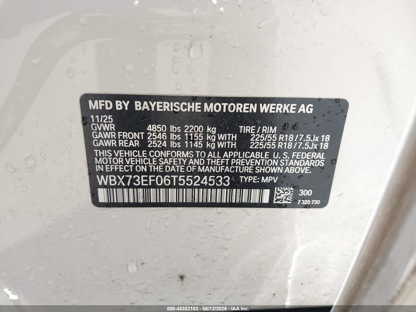 2026 BMW X1 VIN WBX73EF06T5524533 IAAI salvage auction — FRONT END, Salvage Title, sold $11,900 on 2026-07-29 (photo 9)