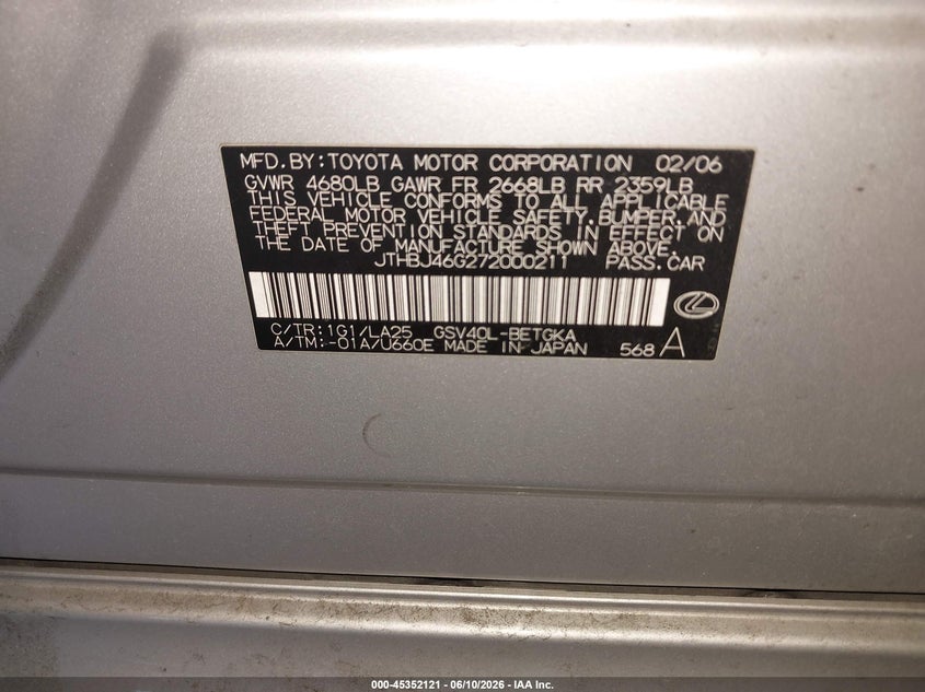 2007 Lexus ES VIN JTHBJ46G272000211 IAAI salvage auction — NORMAL WEAR, Clear - Dealer Only (California), sold $925 on 2026-07-07 (photo 9)