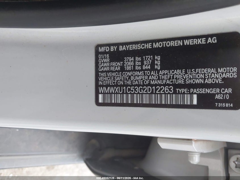 2016 Mini Hard top VIN WMWXU1C53G2D12263 IAAI salvage auction — FRONT END, Junk (Oklahoma), sold $950 on 2026-07-22 (photo 9)
