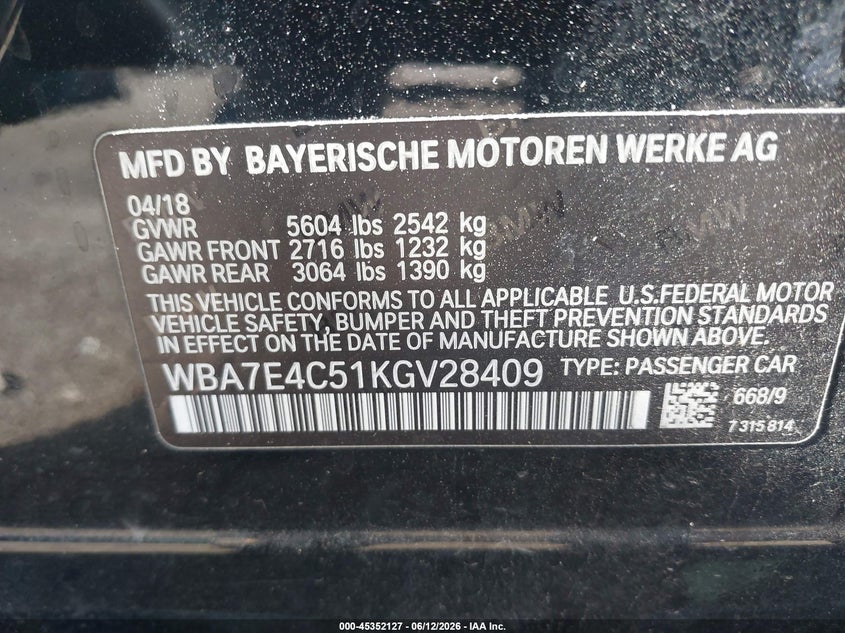 2019 BMW 7er VIN WBA7E4C51KGV28409 IAAI salvage auction — REAR END, Clear (Michigan), sold $4,625 on 2026-07-30 (photo 9)