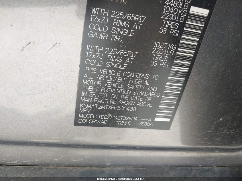 2015 Nissan Rogue VIN KNMAT2MTXFP505488 IAAI salvage auction — FRONT & REAR, Salvage (Texas), sold $725 on 2026-07-15 (photo 9)