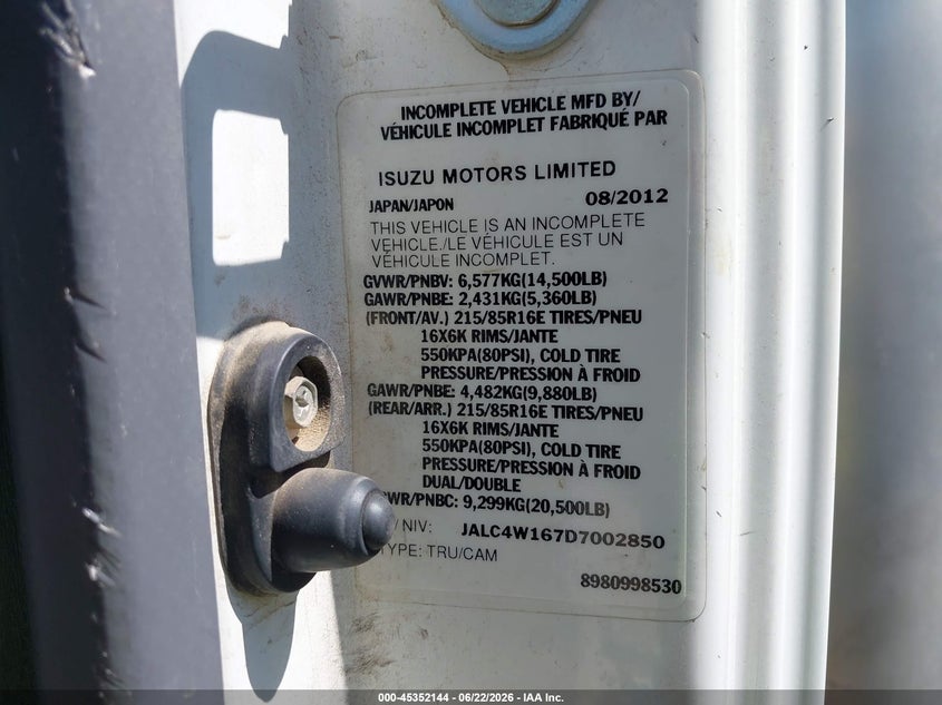 2013 Isuzu VIN JALC4W167D7002850 IAAI salvage auction — UNDERCARRIAGE, Salvage Title, sold $650 on 2026-09-08 (photo 8)