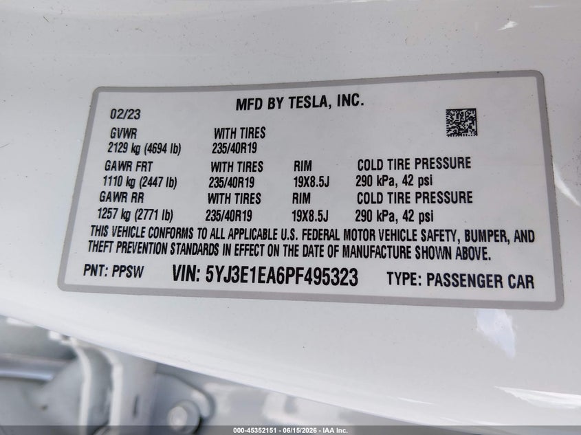 2023 Tesla Model 3 VIN 5YJ3E1EA6PF495323 IAAI salvage auction — REAR END, Salvage Title, sold $8,300 on 2026-08-02 (photo 9)
