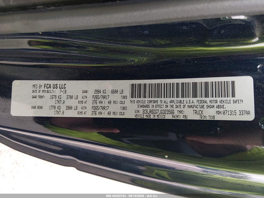 2018 Ram 1500 VIN 3C6JR6DG7JG323566 IAAI salvage auction — NORMAL WEAR, Sf97 (Maryland), sold $25 on 2026-07-21 (photo 9)