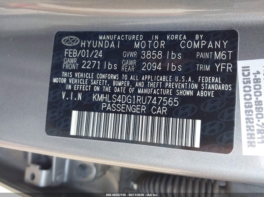 2024 Hyundai Elantra VIN KMHLS4DG1RU747565 IAAI salvage auction — FRONT END, Salvage (Idaho), sold $4,000 on 2026-07-15 (photo 9)