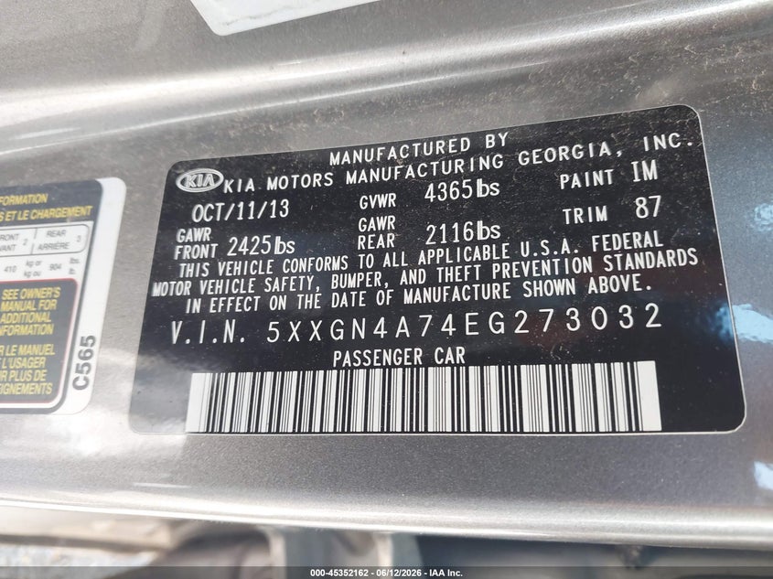 2014 Kia Optima VIN 5XXGN4A74EG273032 IAAI salvage auction — LEFT FRONT, Salvage (Mississippi), sold $600 on 2026-07-20 (photo 9)