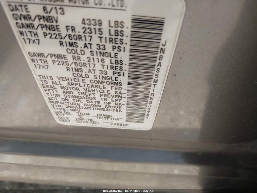 2013 Nissan Rogue VIN JN8AS5MT1DW535765 IAAI salvage auction — FRONT END, Salvage Title, sold $775 on 2026-07-29 (photo 9)
