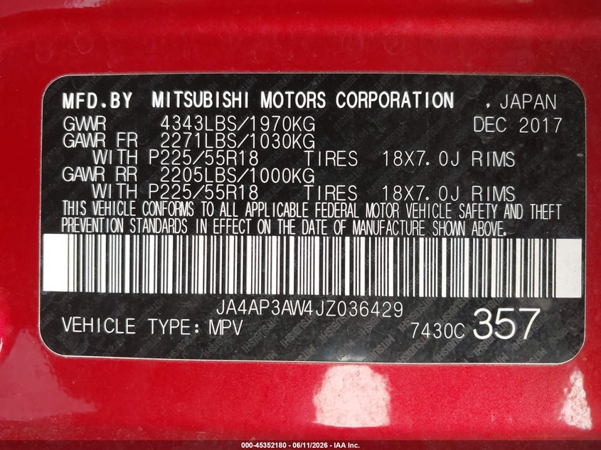 2018 Mitsubishi Outlander VIN JA4AP3AW4JZ036429 IAAI salvage auction — REAR END, Bill Of Sale (Washington), sold $2,600 on 2026-07-08 (photo 9)