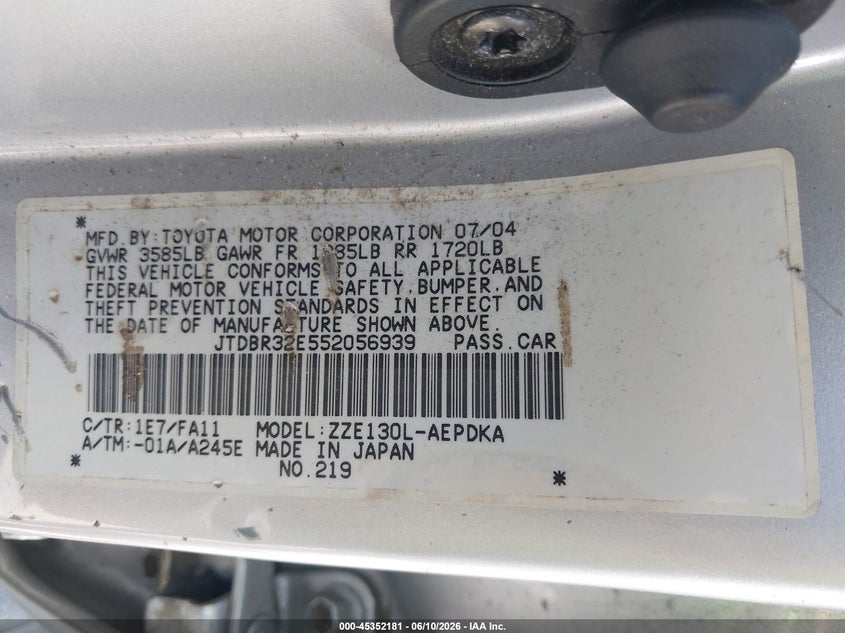2005 Toyota Corolla VIN JTDBR32E552056939 IAAI salvage auction — FRONT END, Mv-907A (New York), sold $475 on 2026-07-07 (photo 9)