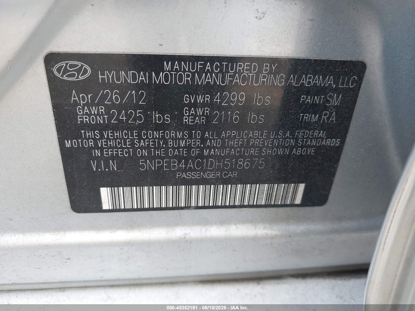 2013 Hyundai Sonata VIN 5NPEB4AC1DH518675 IAAI salvage auction — NORMAL WEAR, Clear (Virginia), sold $475 on 2026-07-18 (photo 9)