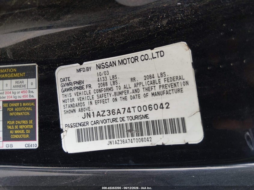 2004 Nissan 350z VIN JN1AZ36A74T006042 IAAI salvage auction — NORMAL WEAR, Original (Texas), sold $1,450 on 2026-07-29 (photo 9)