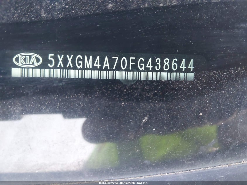 2015 Kia Optima VIN 5XXGM4A70FG438644 IAAI salvage auction — LEFT FRONT, Salvage (North Carolina), sold $650 on 2026-07-20 (photo 9)