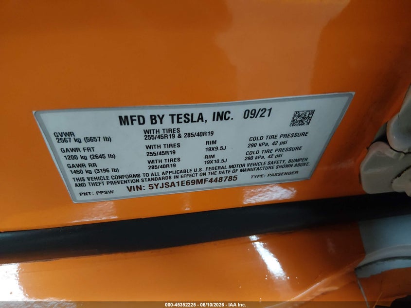 2021 Tesla Model s VIN 5YJSA1E69MF448785 IAAI salvage auction — FRONT END, Salvage Title, sold $12,550 on 2026-07-30 (photo 9)