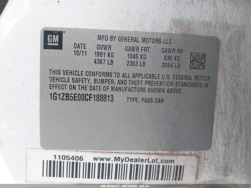 2012 Chevrolet Malibu VIN 1G1ZB5E00CF188813 IAAI salvage auction — RIGHT REAR, Salvage Title, sold $425 on 2026-08-03 (photo 9)