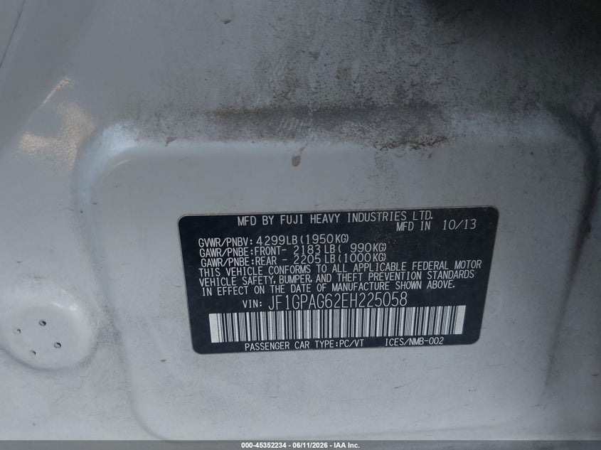 2014 Subaru Impreza VIN JF1GPAG62EH225058 IAAI salvage auction — RIGHT FRONT, Salvage (California), sold $1,600 on 2026-07-07 (photo 9)