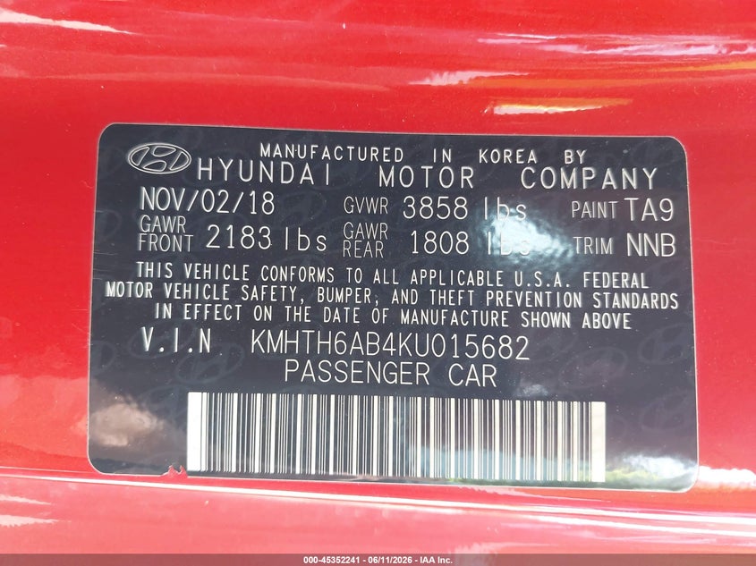 2019 Hyundai Veloster VIN KMHTH6AB4KU015682 IAAI salvage auction — RIGHT SIDE, Salvage (Indiana), sold $2,550 on 2026-07-14 (photo 9)