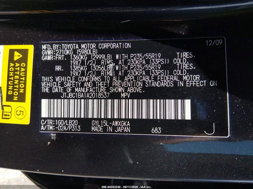 2010 Lexus Rx 450h VIN JTJBC1BA1A2018537 IAAI salvage auction — RIGHT FRONT, Salvage (Connecticut), sold $2,650 on 2026-07-30 (photo 9)