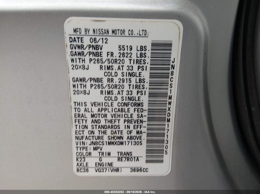 2013 Infiniti Fx VIN JN8CS1MWXDM171305 IAAI salvage auction — FRONT END, Salvage Title, sold $350 on 2026-07-28 (photo 9)