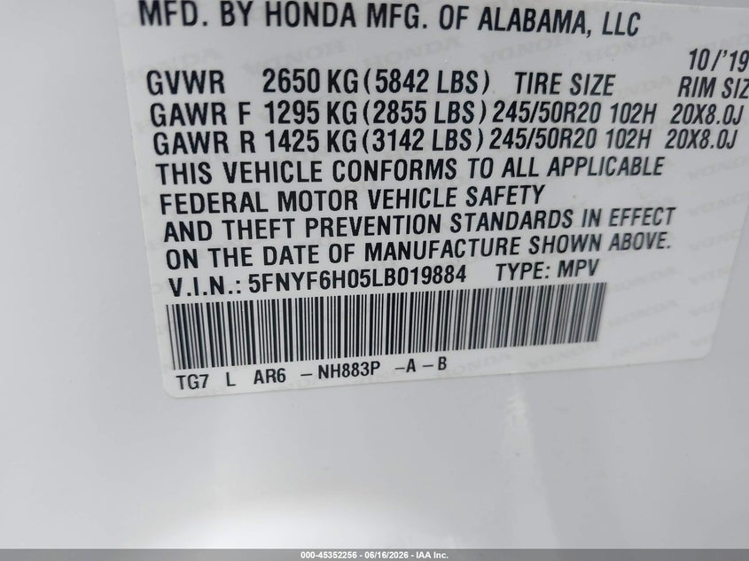 2020 Honda Pilot VIN 5FNYF6H05LB019884 IAAI salvage auction — LEFT FRONT, Salvage Title, sold $7,500 on 2026-07-29 (photo 9)