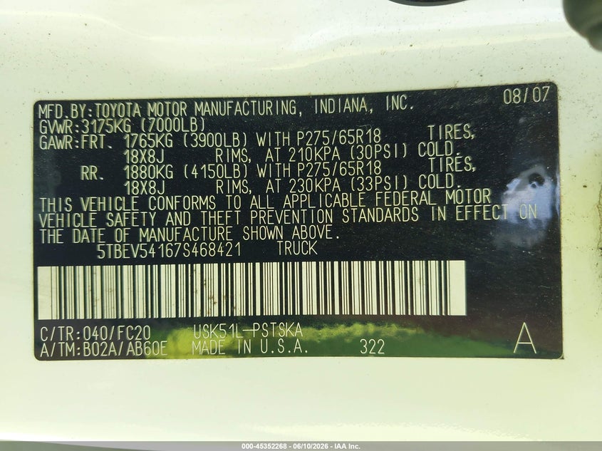 2007 Toyota Tundra VIN 5TBEV54167S468421 IAAI salvage auction — FRONT END, Salvage (Georgia), sold $4,300 on 2026-07-16 (photo 9)
